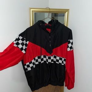 Red, black, and white pullover